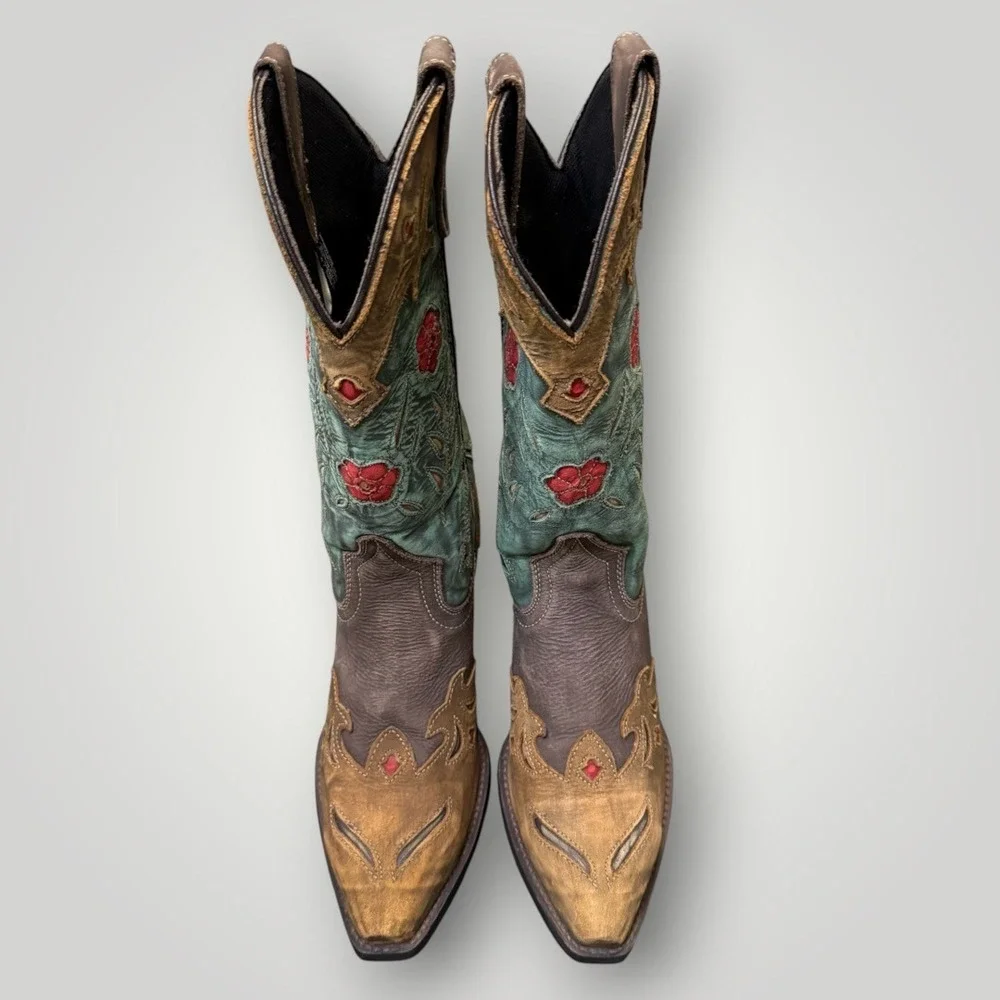 Laredo Miss Kate Floral Inlay Snip Toe Cowgirl Boots 52138 Size 7M Teal